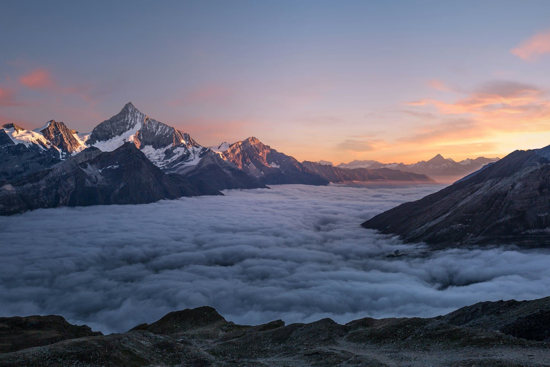 Mountain at sunrise, light breaking through